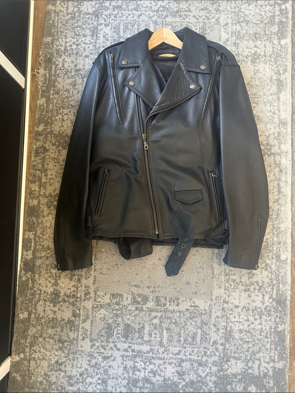 Men's Black Leather Biker Jacket, with vest and chaps- Classic Moto Style
